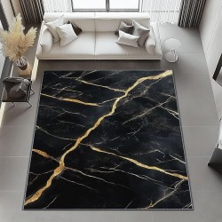 Area Rugs 7 x 8 ft Throw Rugs Soft Flannel Non-Slip for Bedroom Living Room Nursery, Black Gold Rectangular Decor Floor Mat, Abstract Marble Texture Elegant Print Low Pile Washable Carpet