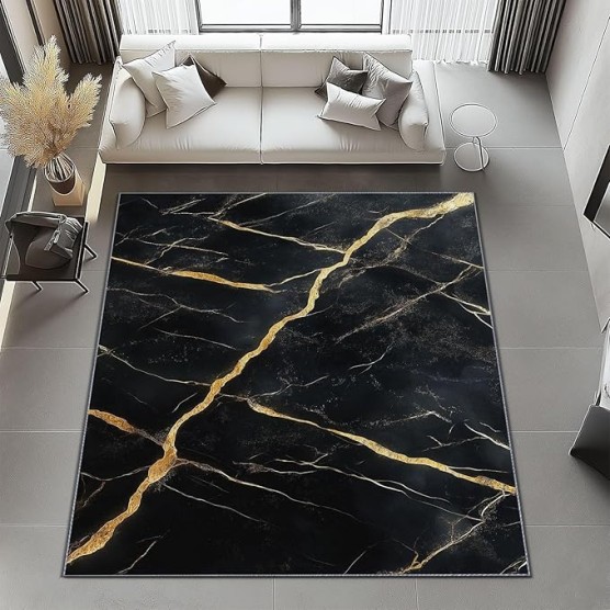Area Rugs 7 x 8 ft Throw Rugs Soft Flannel Non-Slip for Bedroom Living Room Nursery, Black Gold Rectangular Decor Floor Mat, Abstract Marble Texture Elegant Print Low Pile Washable Carpet