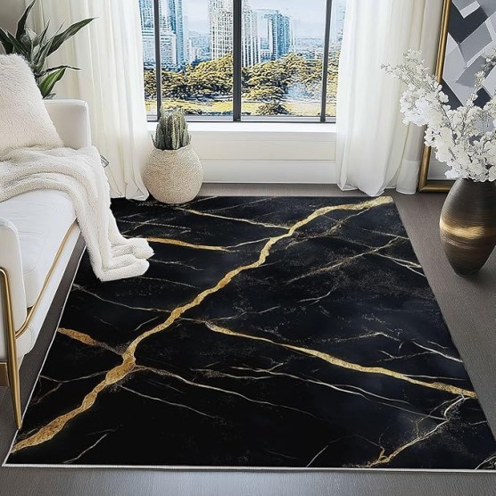 Area Rugs 7 x 8 ft Throw Rugs Soft Flannel Non-Slip for Bedroom Living Room Nursery, Black Gold Rectangular Decor Floor Mat, Abstract Marble Texture Elegant Print Low Pile Washable Carpet