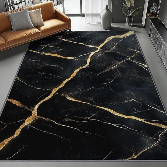 Area Rugs 7 x 8 ft Throw Rugs Soft Flannel Non-Slip for Bedroom Living Room Nursery, Black Gold Rectangular Decor Floor Mat, Abstract Marble Texture Elegant Print Low Pile Washable Carpet
