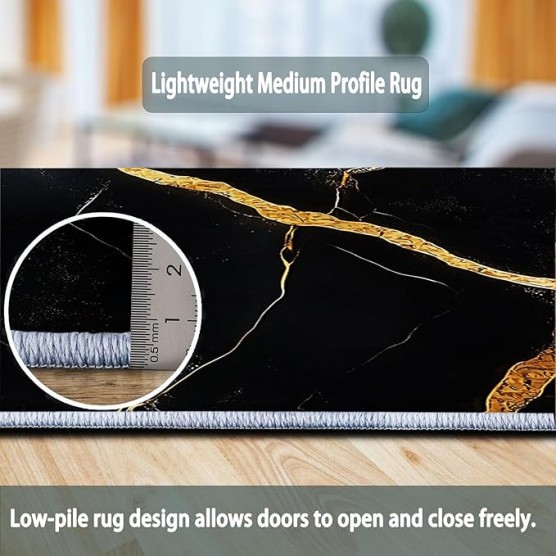 Area Rugs 7 x 8 ft Throw Rugs Soft Flannel Non-Slip for Bedroom Living Room Nursery, Black Gold Rectangular Decor Floor Mat, Abstract Marble Texture Elegant Print Low Pile Washable Carpet