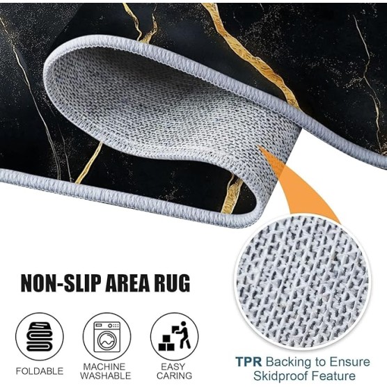 Area Rugs 7 x 8 ft Throw Rugs Soft Flannel Non-Slip for Bedroom Living Room Nursery, Black Gold Rectangular Decor Floor Mat, Abstract Marble Texture Elegant Print Low Pile Washable Carpet