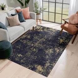 Chenille Low-Pile Machine-Washable Rug with Non-Slip Backing, Eco-Friendly Durable Polyester Indoor Carpet for High-Traffic Areas, Living Room, Bedroom, (Black+Gold,6' x 9')