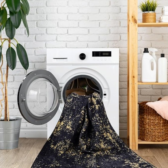 Chenille Low-Pile Machine-Washable Rug with Non-Slip Backing, Eco-Friendly Durable Polyester Indoor Carpet for High-Traffic Areas, Living Room, Bedroom, (Black+Gold,6' x 9')