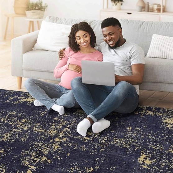 Chenille Low-Pile Machine-Washable Rug with Non-Slip Backing, Eco-Friendly Durable Polyester Indoor Carpet for High-Traffic Areas, Living Room, Bedroom, (Black+Gold,6' x 9')