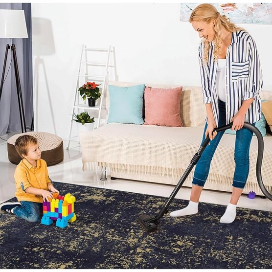 Chenille Low-Pile Machine-Washable Rug with Non-Slip Backing, Eco-Friendly Durable Polyester Indoor Carpet for High-Traffic Areas, Living Room, Bedroom, (Black+Gold,6' x 9')