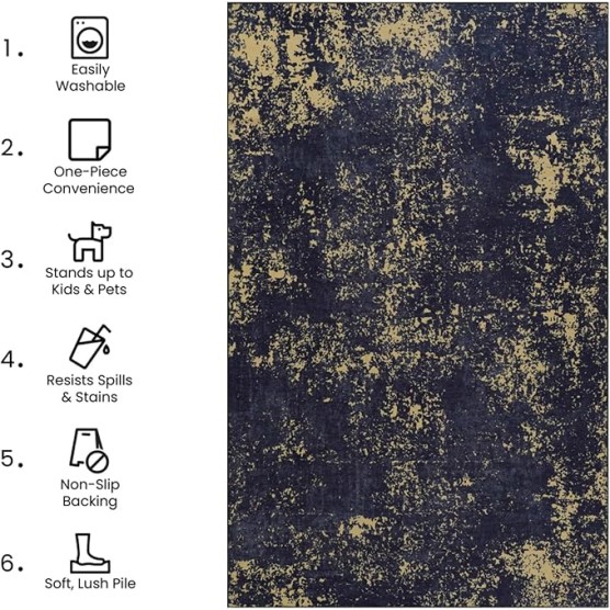 Chenille Low-Pile Machine-Washable Rug with Non-Slip Backing, Eco-Friendly Durable Polyester Indoor Carpet for High-Traffic Areas, Living Room, Bedroom, (Black+Gold,6' x 9')