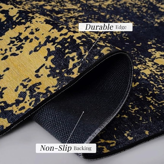 Chenille Low-Pile Machine-Washable Rug with Non-Slip Backing, Eco-Friendly Durable Polyester Indoor Carpet for High-Traffic Areas, Living Room, Bedroom, (Black+Gold,6' x 9')