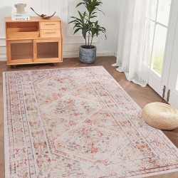 Chenille Low-Pile Machine-Washable Rug with Non-Slip Backing, Eco-Friendly Durable Polyester Indoor Carpet for High-Traffic Areas, Living Room, Bedroom, or Hallway Floor Covering (Beige,6' x 9')