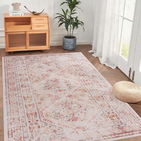 Chenille Low-Pile Machine-Washable Rug with Non-Slip Backing, Eco-Friendly Durable Polyester Indoor Carpet for High-Traffic Areas, Living Room, Bedroom, or Hallway Floor Covering (Beige,6' x 9')
