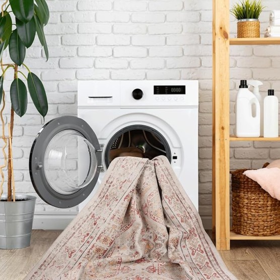 Chenille Low-Pile Machine-Washable Rug with Non-Slip Backing, Eco-Friendly Durable Polyester Indoor Carpet for High-Traffic Areas, Living Room, Bedroom, or Hallway Floor Covering (Beige,6' x 9')