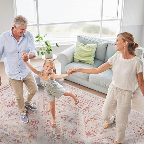 Chenille Low-Pile Machine-Washable Rug with Non-Slip Backing, Eco-Friendly Durable Polyester Indoor Carpet for High-Traffic Areas, Living Room, Bedroom, or Hallway Floor Covering (Beige,6' x 9')