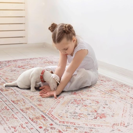 Chenille Low-Pile Machine-Washable Rug with Non-Slip Backing, Eco-Friendly Durable Polyester Indoor Carpet for High-Traffic Areas, Living Room, Bedroom, or Hallway Floor Covering (Beige,6' x 9')