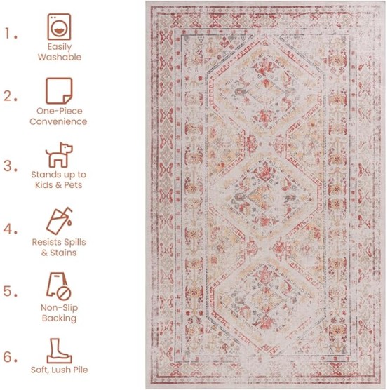 Chenille Low-Pile Machine-Washable Rug with Non-Slip Backing, Eco-Friendly Durable Polyester Indoor Carpet for High-Traffic Areas, Living Room, Bedroom, or Hallway Floor Covering (Beige,6' x 9')