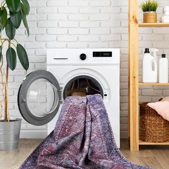 Chenille Low-Pile Machine-Washable Rug with Non-Slip Backing, Eco-Friendly Durable Polyester Indoor Carpet for High-Traffic Areas, Living Room, Bedroom (Burgundy,6' x 9')