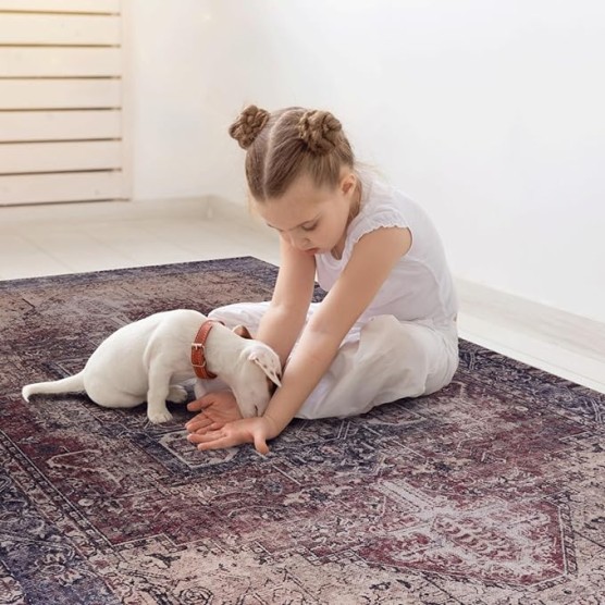 Chenille Low-Pile Machine-Washable Rug with Non-Slip Backing, Eco-Friendly Durable Polyester Indoor Carpet for High-Traffic Areas, Living Room, Bedroom (Burgundy,6' x 9')