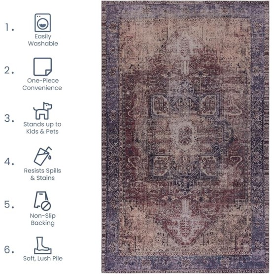 Chenille Low-Pile Machine-Washable Rug with Non-Slip Backing, Eco-Friendly Durable Polyester Indoor Carpet for High-Traffic Areas, Living Room, Bedroom (Burgundy,6' x 9')