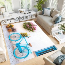 Vintage Bicycle 6x9 Living Room Rugs, Cream Machine Washable Area Rugs for Kids Bedroom Rubber Backed, Country Street Buildings Stain-Resistant Carpet for Dining Room, Guestroom