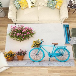 Vintage Bicycle 6x9 Living Room Rugs, Cream Machine Washable Area Rugs for Kids Bedroom Rubber Backed, Country Street Buildings Stain-Resistant Carpet for Dining Room, Guestroom