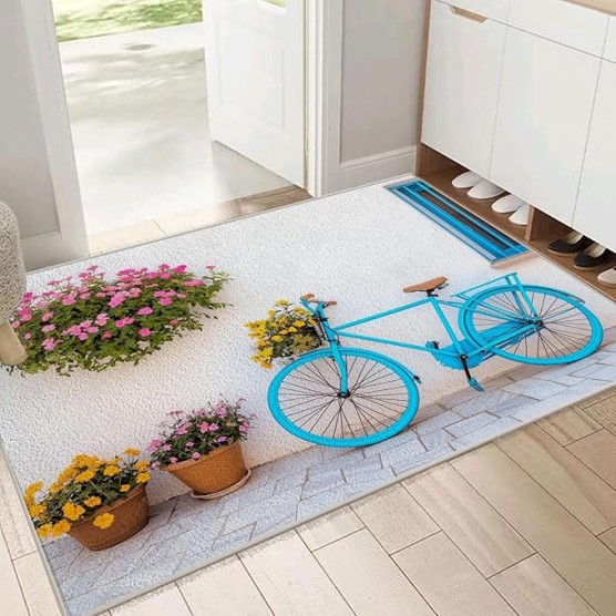 Vintage Bicycle 6x9 Living Room Rugs, Cream Machine Washable Area Rugs for Kids Bedroom Rubber Backed, Country Street Buildings Stain-Resistant Carpet for Dining Room, Guestroom