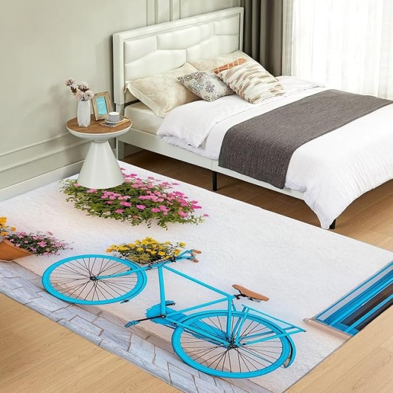 Vintage Bicycle 6x9 Living Room Rugs, Cream Machine Washable Area Rugs for Kids Bedroom Rubber Backed, Country Street Buildings Stain-Resistant Carpet for Dining Room, Guestroom