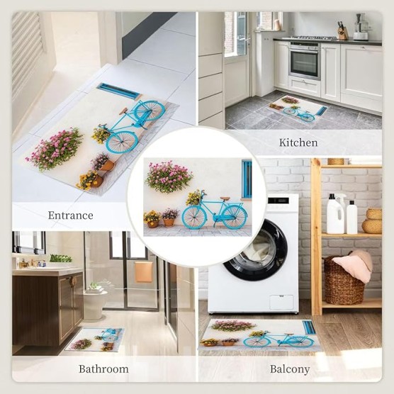 Vintage Bicycle 6x9 Living Room Rugs, Cream Machine Washable Area Rugs for Kids Bedroom Rubber Backed, Country Street Buildings Stain-Resistant Carpet for Dining Room, Guestroom