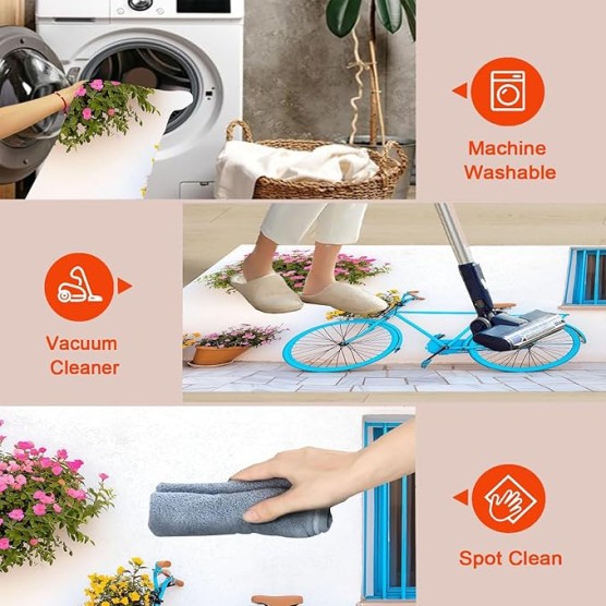 Vintage Bicycle 6x9 Living Room Rugs, Cream Machine Washable Area Rugs for Kids Bedroom Rubber Backed, Country Street Buildings Stain-Resistant Carpet for Dining Room, Guestroom