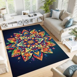 Geometric Patchwork Mandala 6x9 Living Room Rugs, Pure Black Machine Washable Area Rugs for Kids Bedroom Rubber Backed, Bohemian Floral Stain-Resistant Carpet for Dining Room, Guestroom