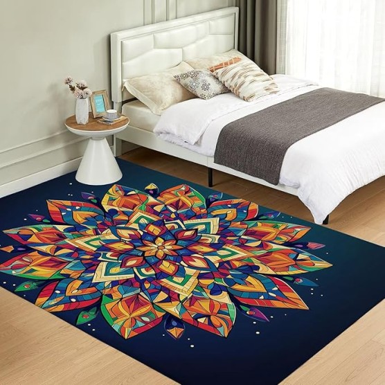 Geometric Patchwork Mandala 6x9 Living Room Rugs, Pure Black Machine Washable Area Rugs for Kids Bedroom Rubber Backed, Bohemian Floral Stain-Resistant Carpet for Dining Room, Guestroom
