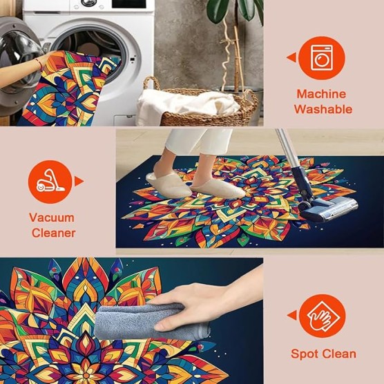 Geometric Patchwork Mandala 6x9 Living Room Rugs, Pure Black Machine Washable Area Rugs for Kids Bedroom Rubber Backed, Bohemian Floral Stain-Resistant Carpet for Dining Room, Guestroom