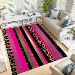 Shiny Gold Foil Leopard 6x9 Living Room Rugs, Magenta Machine Washable Area Rugs for Kids Bedroom Rubber Backed, Punk Animals Stain-Resistant Carpet for Dining Room, Guestroom