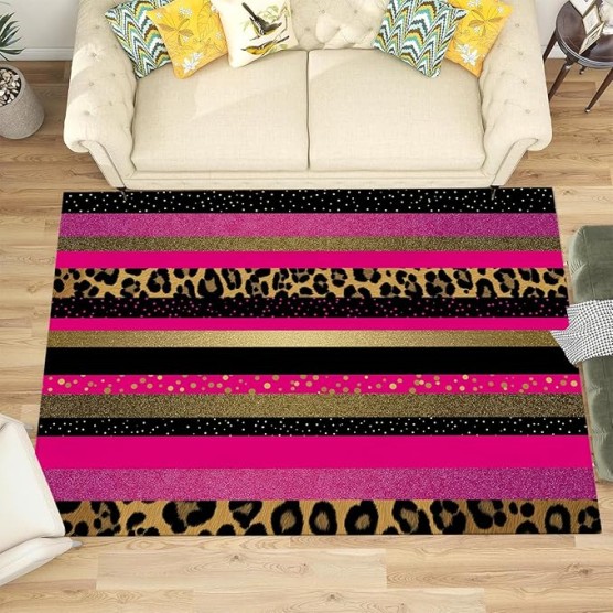 Shiny Gold Foil Leopard 6x9 Living Room Rugs, Magenta Machine Washable Area Rugs for Kids Bedroom Rubber Backed, Punk Animals Stain-Resistant Carpet for Dining Room, Guestroom