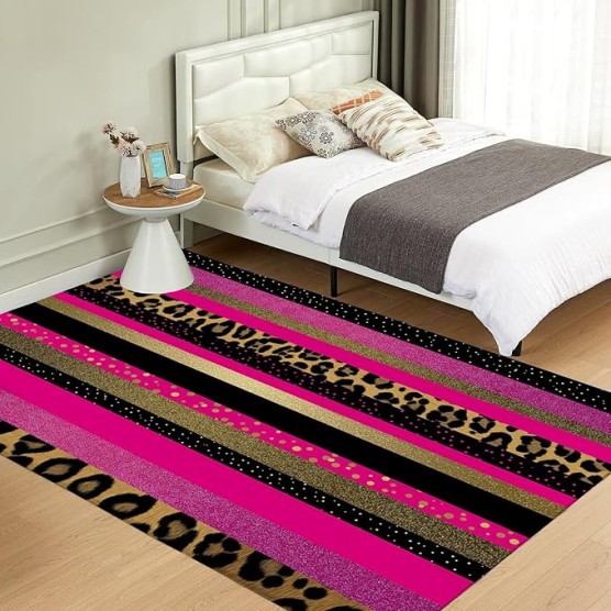 Shiny Gold Foil Leopard 6x9 Living Room Rugs, Magenta Machine Washable Area Rugs for Kids Bedroom Rubber Backed, Punk Animals Stain-Resistant Carpet for Dining Room, Guestroom