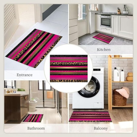 Shiny Gold Foil Leopard 6x9 Living Room Rugs, Magenta Machine Washable Area Rugs for Kids Bedroom Rubber Backed, Punk Animals Stain-Resistant Carpet for Dining Room, Guestroom