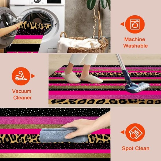 Shiny Gold Foil Leopard 6x9 Living Room Rugs, Magenta Machine Washable Area Rugs for Kids Bedroom Rubber Backed, Punk Animals Stain-Resistant Carpet for Dining Room, Guestroom