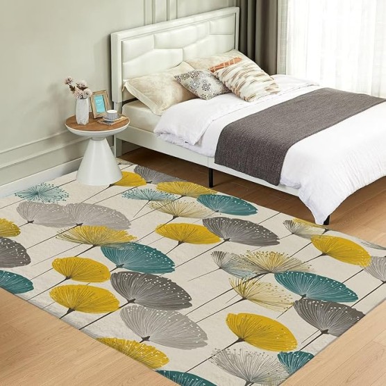Hand Drawn Striped Dandelions 6x9 Living Room Rugs, Beige Machine Washable Area Rugs for Kids Bedroom Rubber Backed, Abstract and Simple Stain-Resistant Carpet for Dining Room, Guestroom