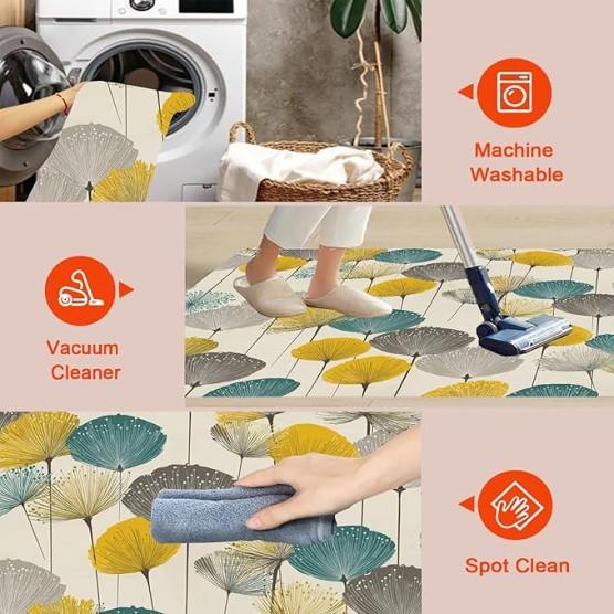 Hand Drawn Striped Dandelions 6x9 Living Room Rugs, Beige Machine Washable Area Rugs for Kids Bedroom Rubber Backed, Abstract and Simple Stain-Resistant Carpet for Dining Room, Guestroom